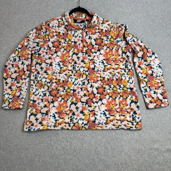 Land's End Women's XL Floral Print Qrt Zip Pullover Fleece Orange/Blue Flowers - Picture 3 of 8
